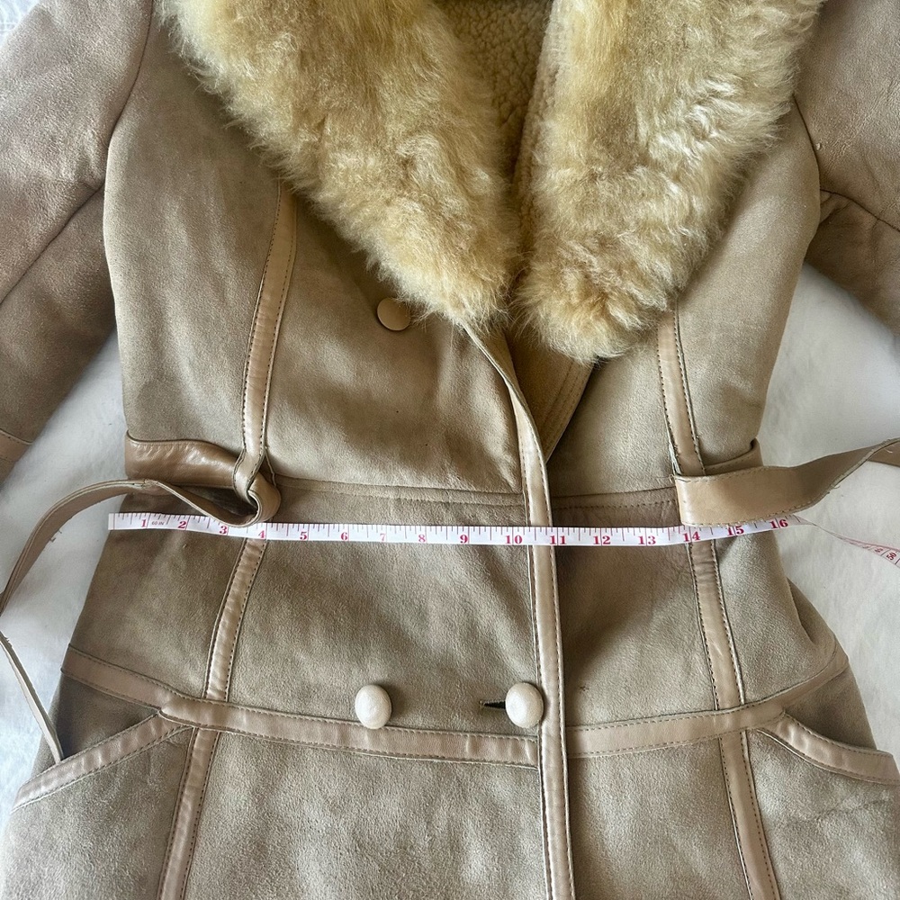 Penny Lane French Shearling Fur Vintage Suede Trench Coat with Leather Belt - Picture 4 of 16